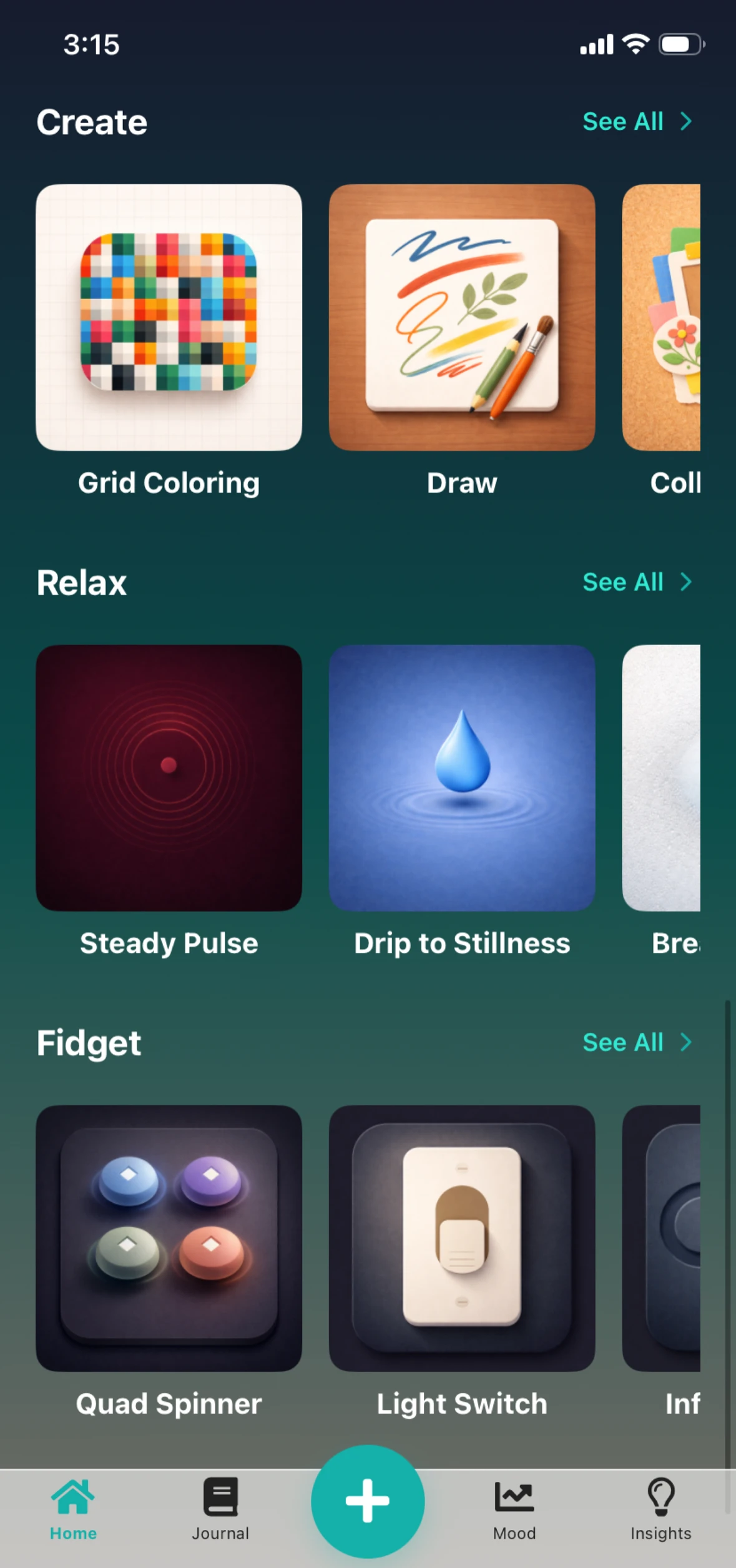 Coping tools menu showing Create, Relax, and Fidget categories
