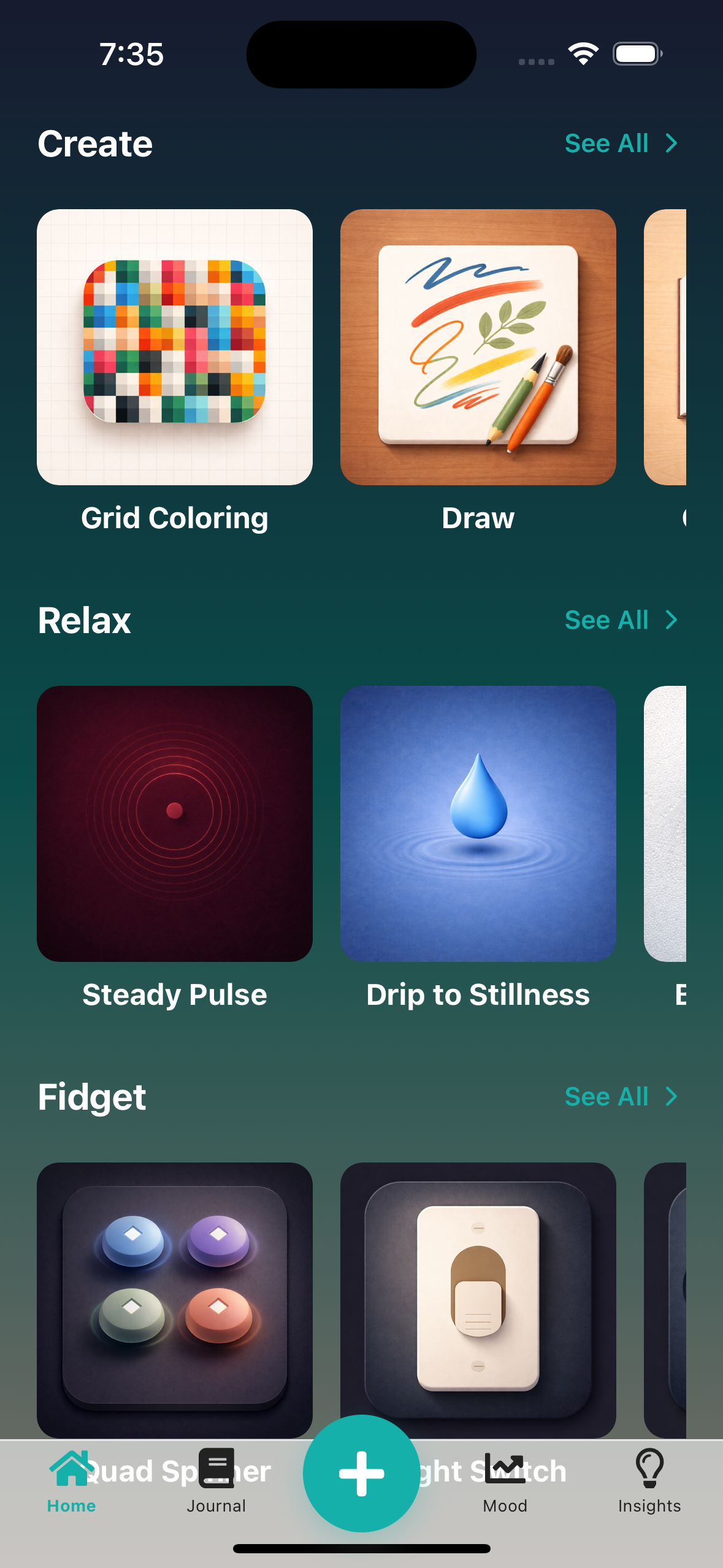 Coping tools menu showing Create, Relax, and Fidget categories