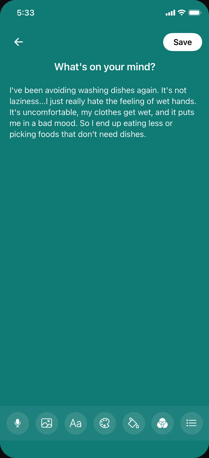 Voice journaling. An entry about avoiding washing dishes sits above a Voice Recording card showing a waveform with Delete, View and Listen beneath it, and the microphone button is highlighted in the toolbar.